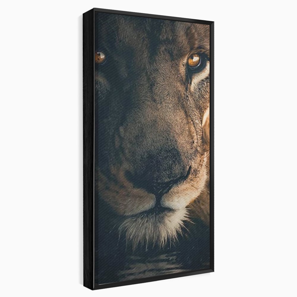 Tablou canvas cu tablou canvas cu prim-plan portret de leu, in rama de aluminiu negru